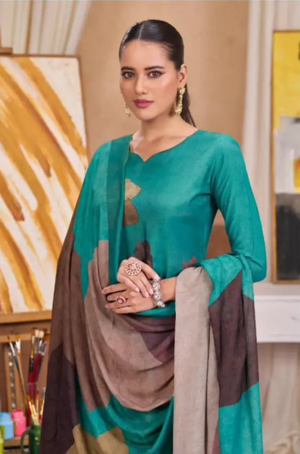 Thumbnail: Elegant Teal with Digital Print & Handwork Muslin Unstitched Suit