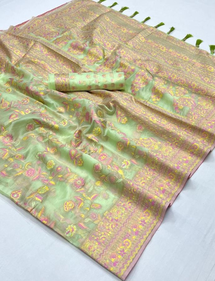 Thumbnail: Women's Pistachio Green Kashmiri Organza  Handloom Weaving Saree