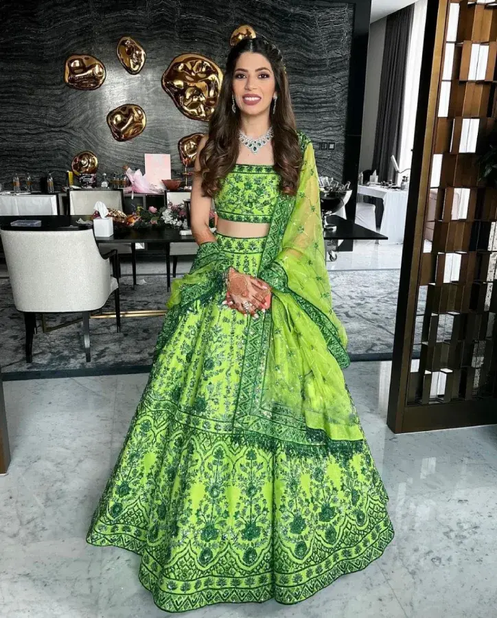 Green Satin Embroidered Lehenga Choli: Redefine Elegance and Style