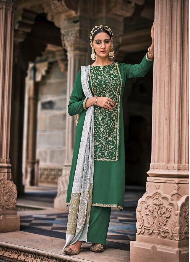 Thumbnail: Pure Pashmina Unstitched Embroidered Suit With Woven Pashmina Shawl –Green