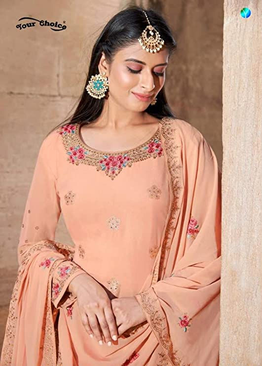 Thumbnail: Women's Heavy Embroidered Peach Colour Pure Georgette Unstitched Dress Ma