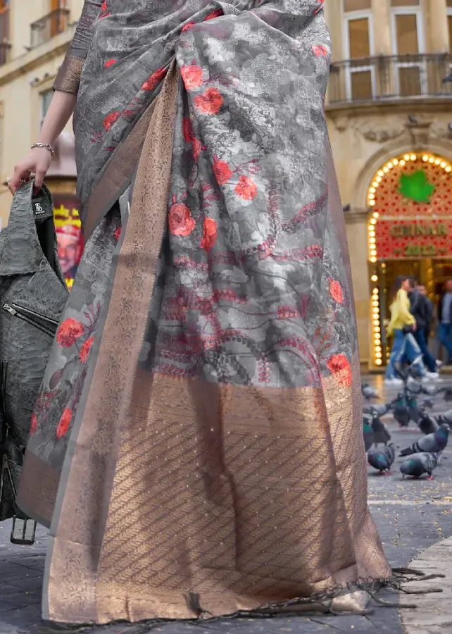 Thumbnail: Grey Floral Woven Brasso Saree With Tassels