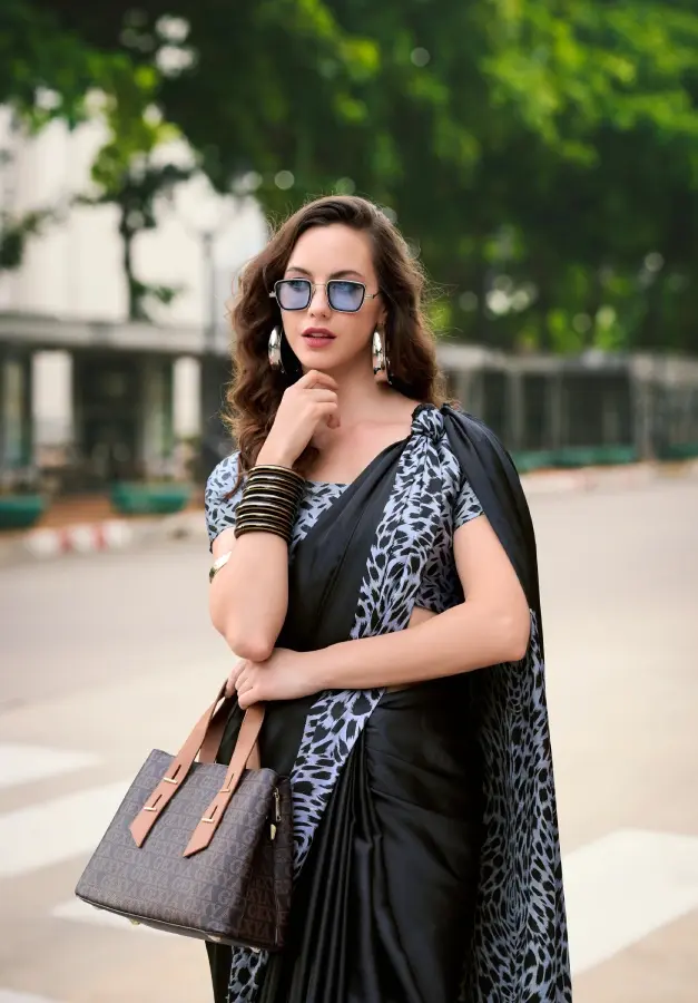 Thumbnail: Soot Black Printed Satin Crepe Saree
