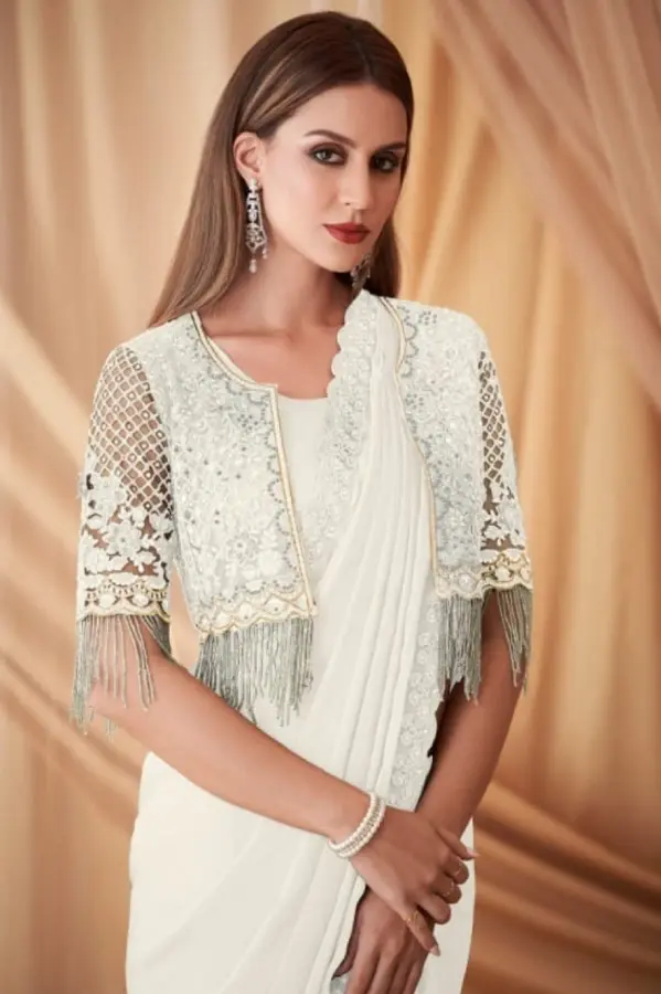 Thumbnail: White Designer Georgette Saree with Partywear Blouse