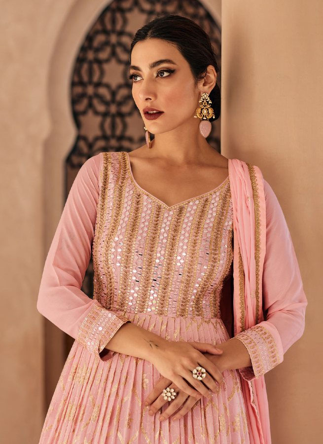 Thumbnail: Pink Georgette Embroidered Anarkali Salwar Kameez  Stitched (Free Size)