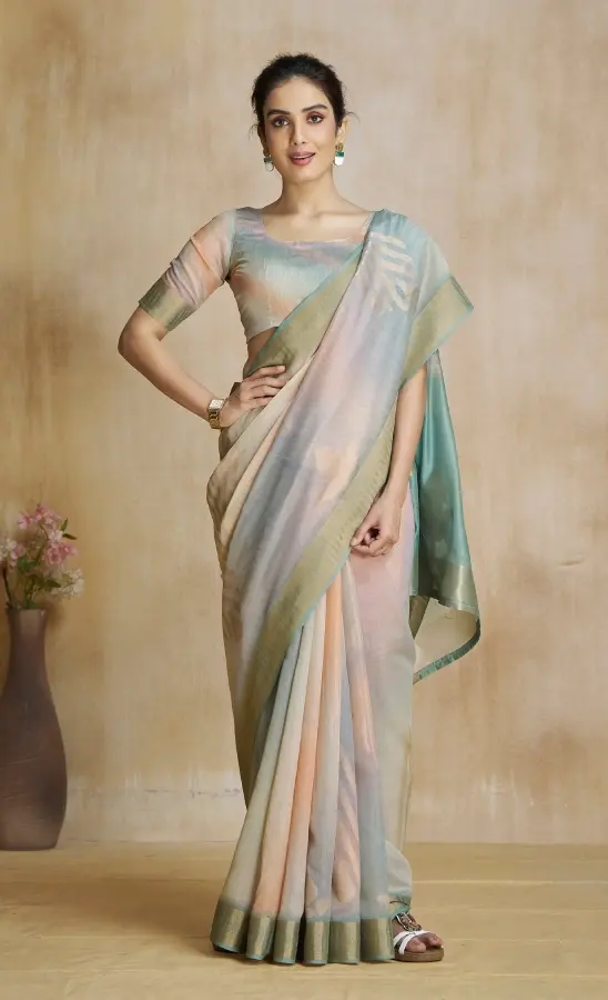 Thumbnail: Moss Green Silk Blend Saree with Digital Print