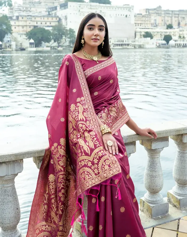 Thumbnail: Women's Maroon Woven Soft Silk Saree