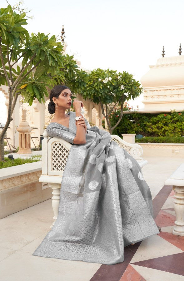 Thumbnail: Add timeless elegance to your wardrobe with this Grey Zari Woven Banarasi Linen Saree, a must-have for any fashionista.