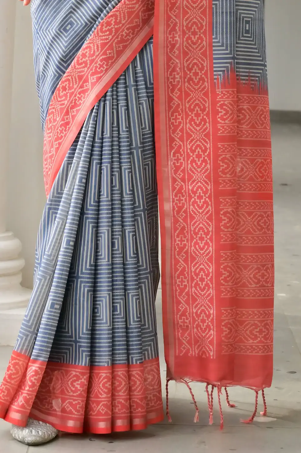 Thumbnail: Elegant Blue & Red Soft Tussar Silk Saree with Geometric Print and Ikkat Pallu