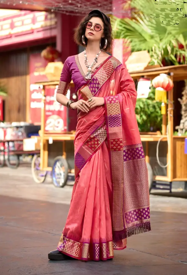 Thumbnail: Peach Banarasi Silk Fabric Zari Woven Saree