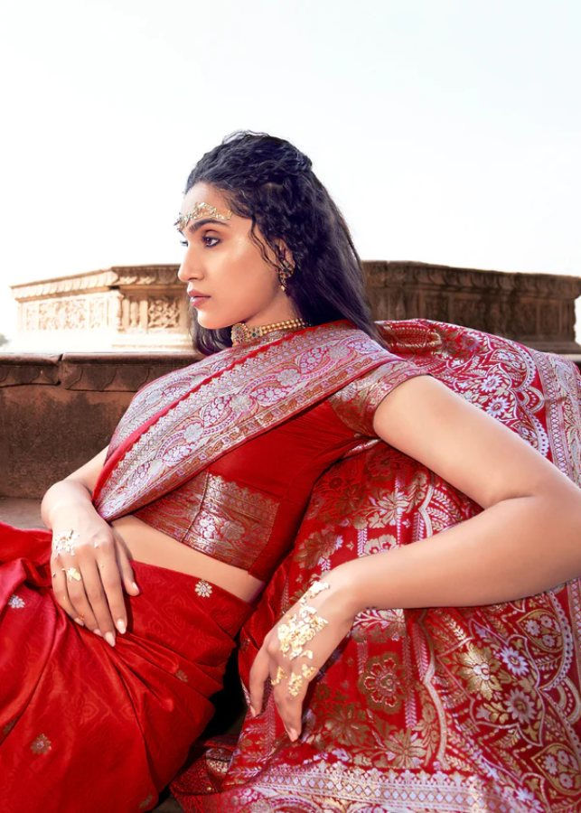 Thumbnail: Red Woven Banarasi Satin Silk Saree
