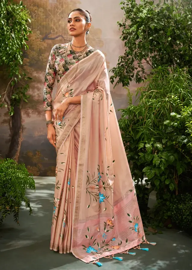 Rose Pink Soft Linen Tissue Saree with Hand-Brushed Print