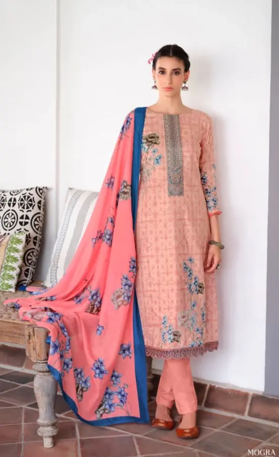 Peach Pure Lawn Cotton Suit with Heavy Embroidery & Digital Print Dupatta