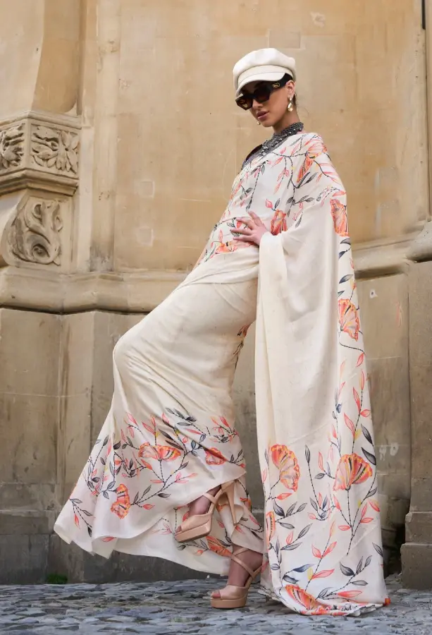 Pearl Cream Color Printed Satin Crepe Saree – Printed Design