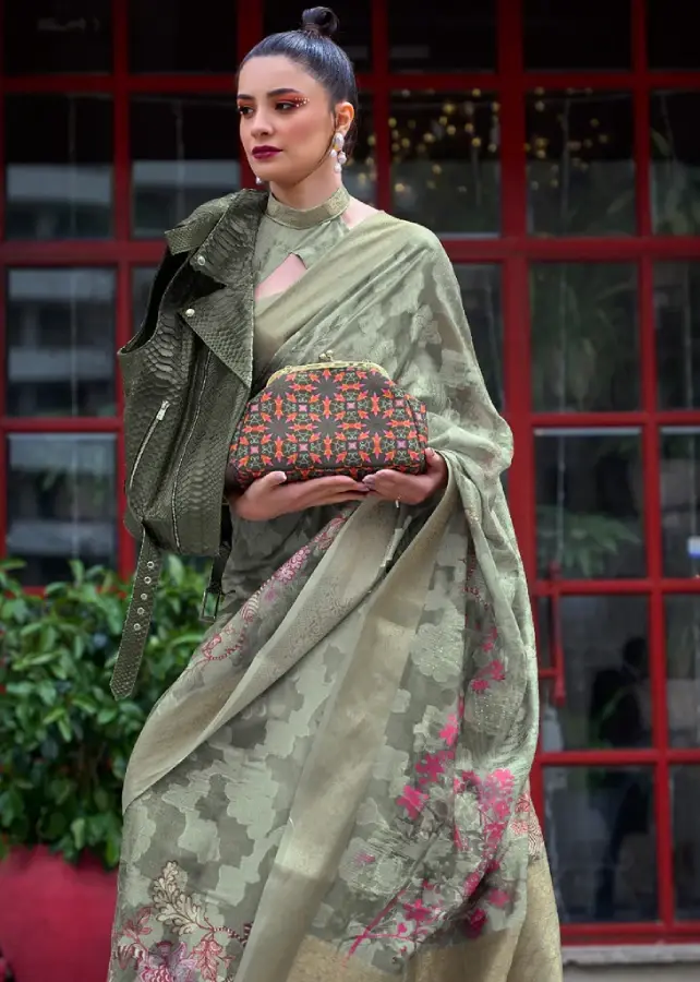 Thumbnail: Olive Green Floral Woven Brasso Saree With Tassels