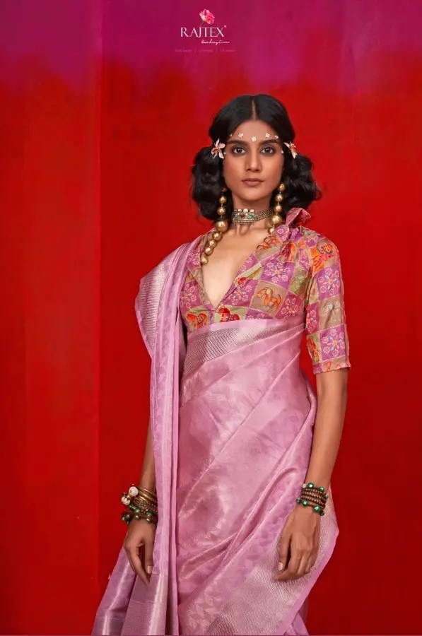 Thumbnail: Premium Pale Pink Tissue Silk Saree with Printed Blouse