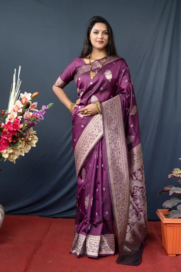 Wine Banarasi Silk Saree With Blouse Piece