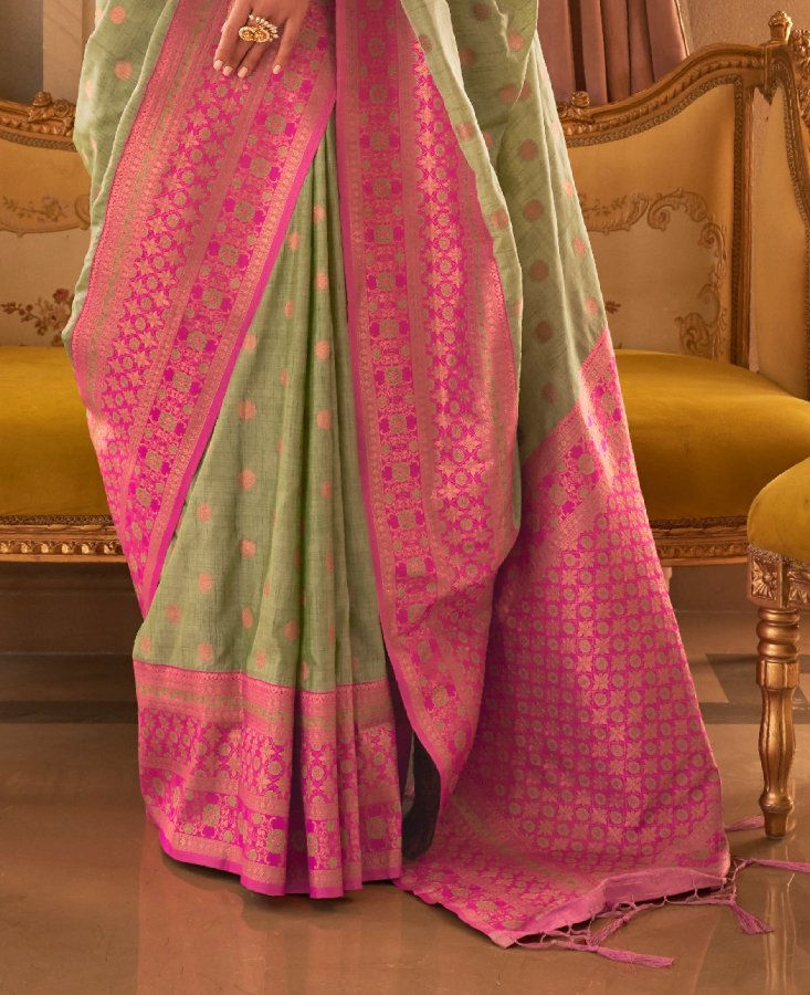 Thumbnail: Women's Mint Green Contrast Bordered Soft Kanjivaram Silk Saree