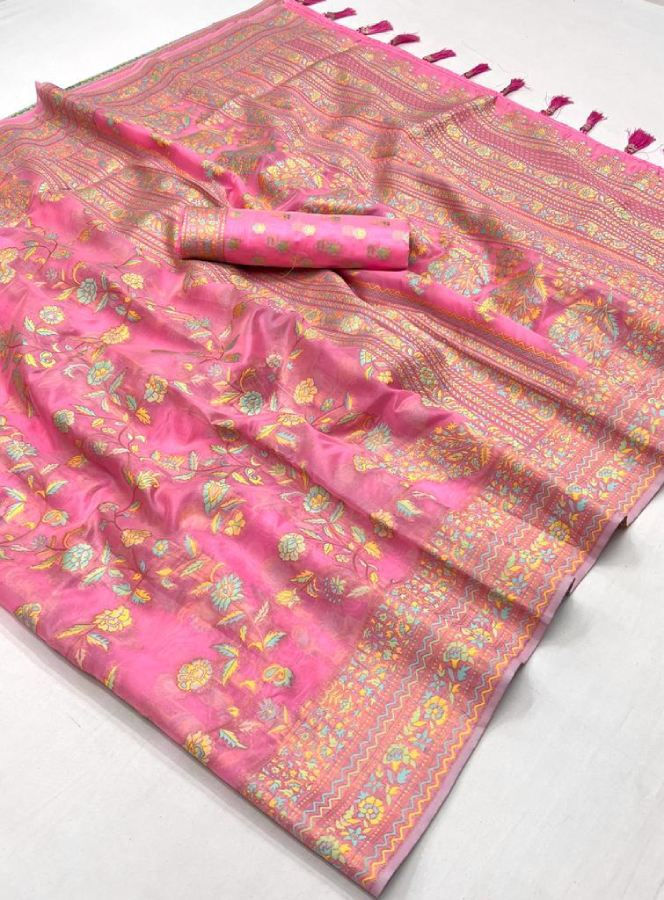 Thumbnail: Women's Salmon Pink Kashmiri Organza  Handloom Weaving Saree