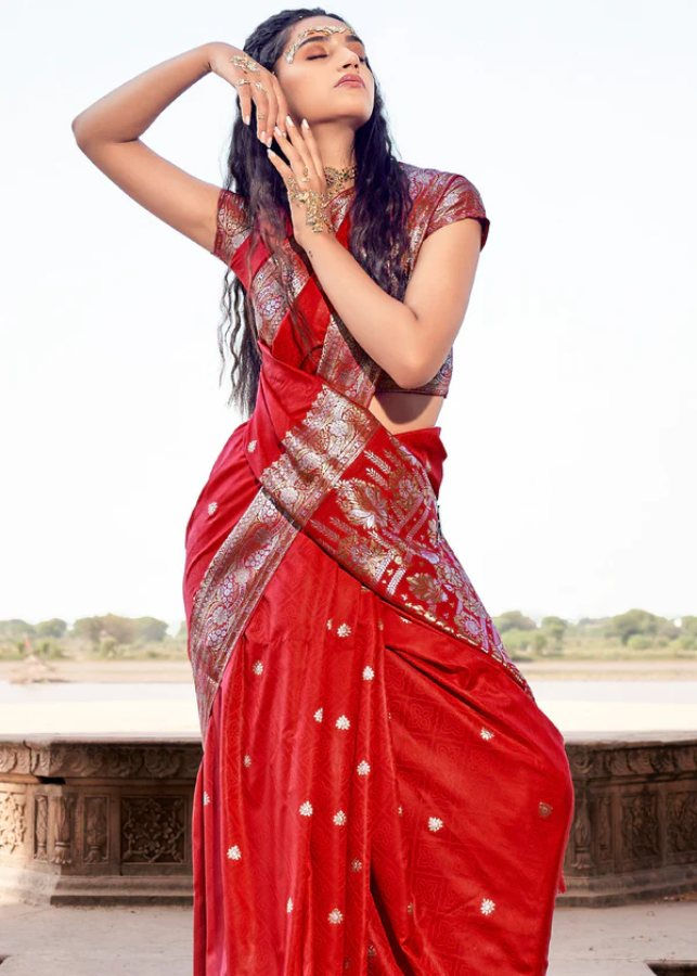 Thumbnail: Red Woven Banarasi Satin Silk Saree