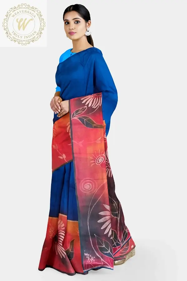 Thumbnail: Exquisite Hand Painted Silk Blue Red Saree