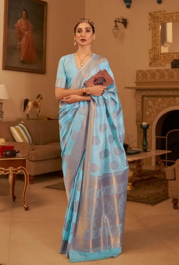Sky Blue Handloom Banarasi Silk Saree with Intricate Pallu