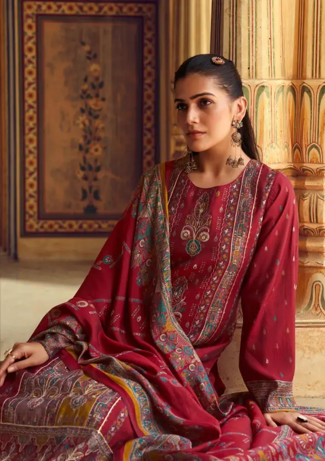 Thumbnail: Regal Red Viscose Muslin Suit with Digital Prints and Handcrafted Embroidery