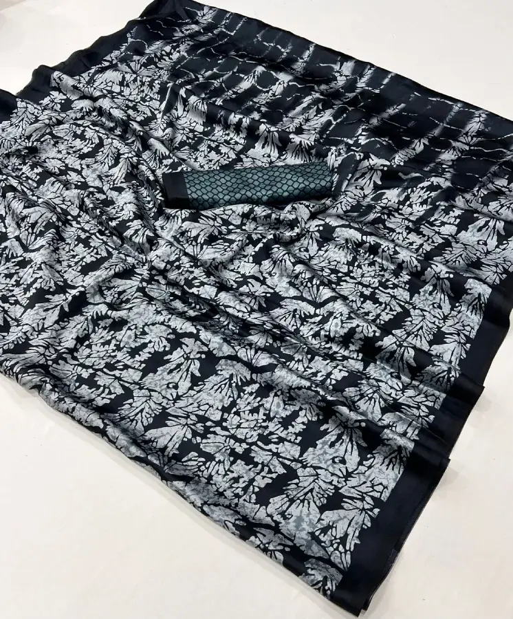 Thumbnail: Silver Grey Digital Print Satin Crepe Saree