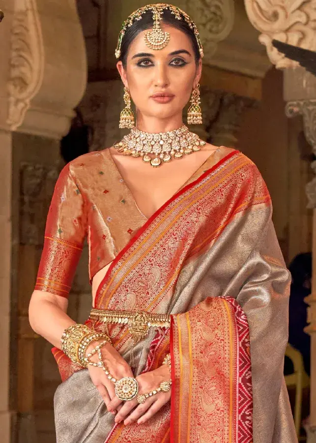 Thumbnail: Grey Zari Woven Banarasi Meenkari Silk Saree