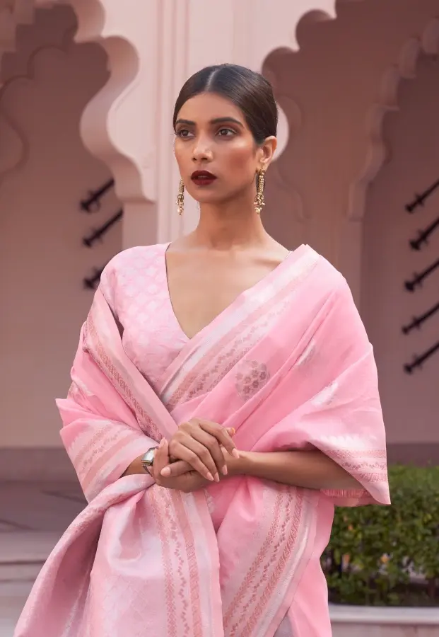 Thumbnail: Pastel Pink Linen Silk Saree with Butti Designs – Traditional Design