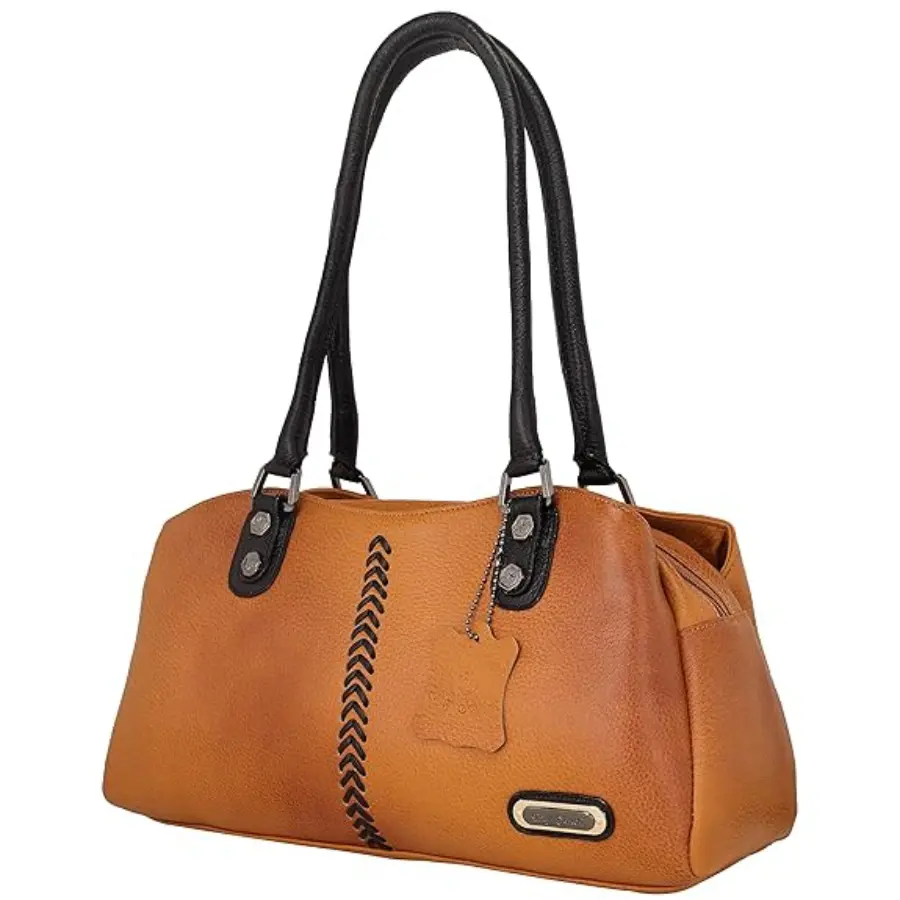 Thumbnail: Tan Mango Leather Handbag with Multiple Zipper