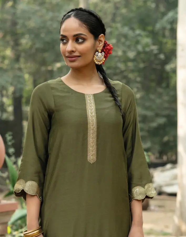 Thumbnail: Women's Olive Green Pure Jacquard Silk Floral Zari Stitched Designer Salwar Suit
