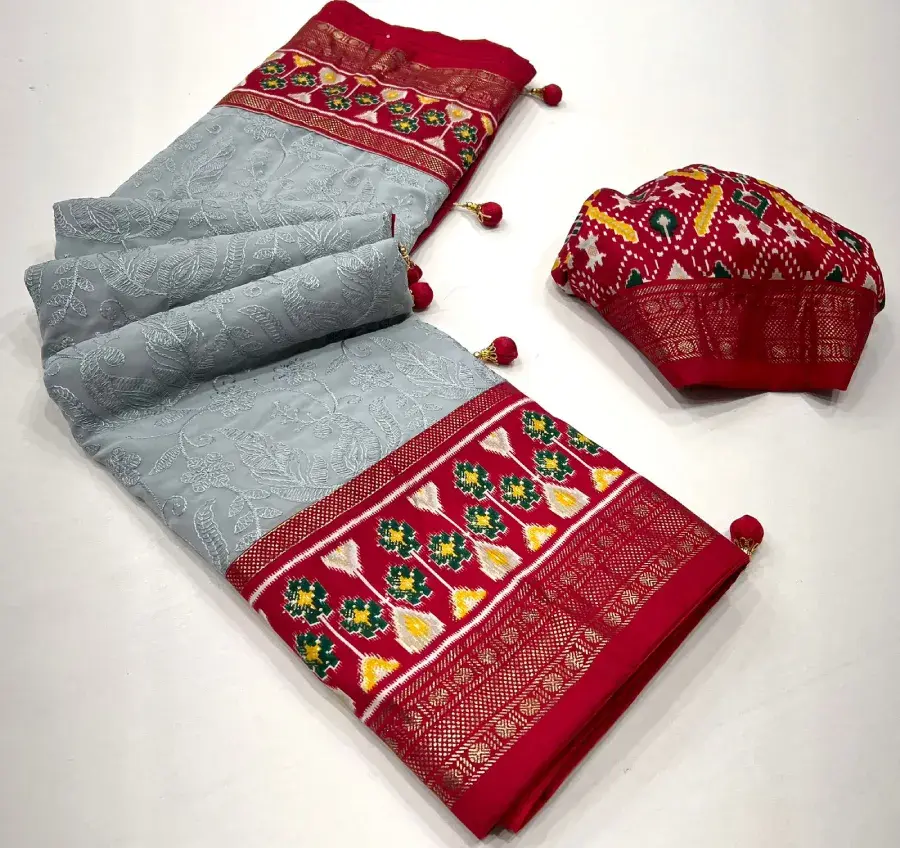 Thumbnail: Grey Exquisite Chikankari With Designer Patola Fusion Saree