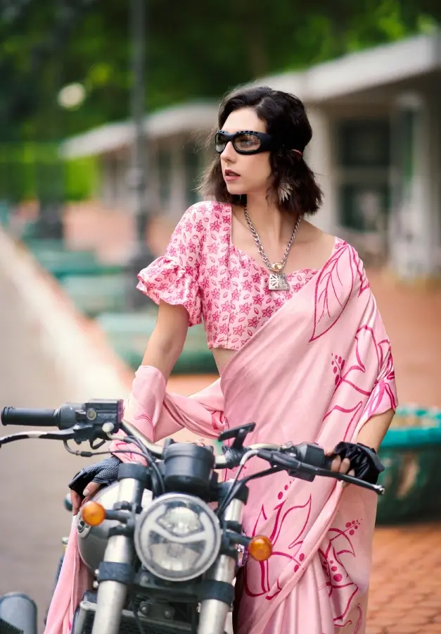Thumbnail: Baby Pink Printed Satin Crepe Saree