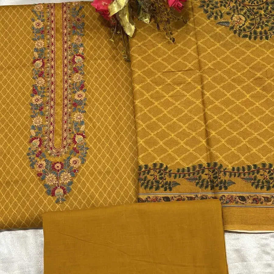 Thumbnail: Mustard Mughal Embroidered Jam Satin Salwar Kameez Digital Print Dupatta