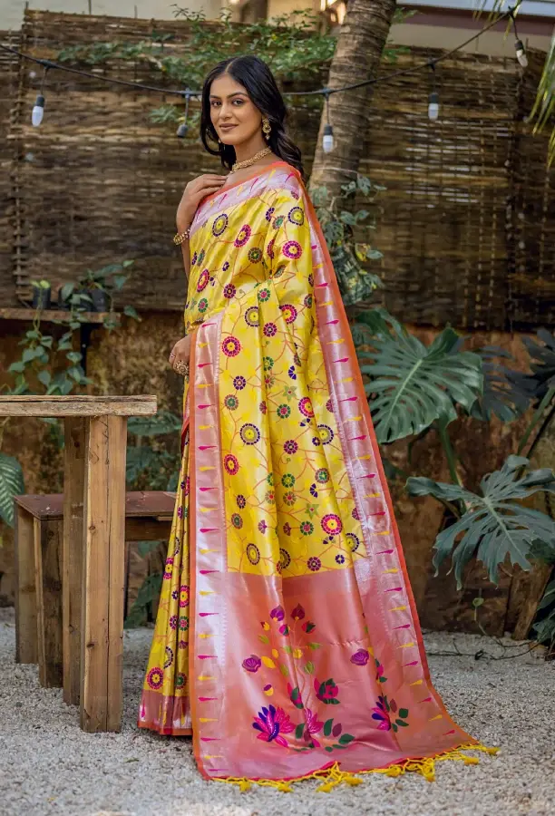 Women's Yellow Meenakari Zari Woven Paithani Silk Saree