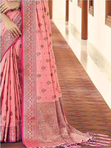 Thumbnail: Women's Pink Tussar Banarasi Silk Saree with Copper weaving