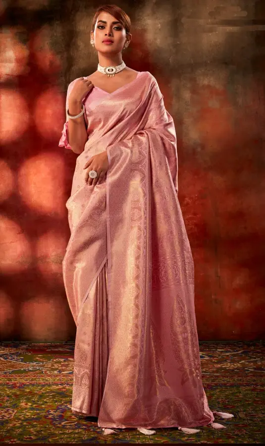 Salmon Pink Woven Kanjivaram Silk Saree