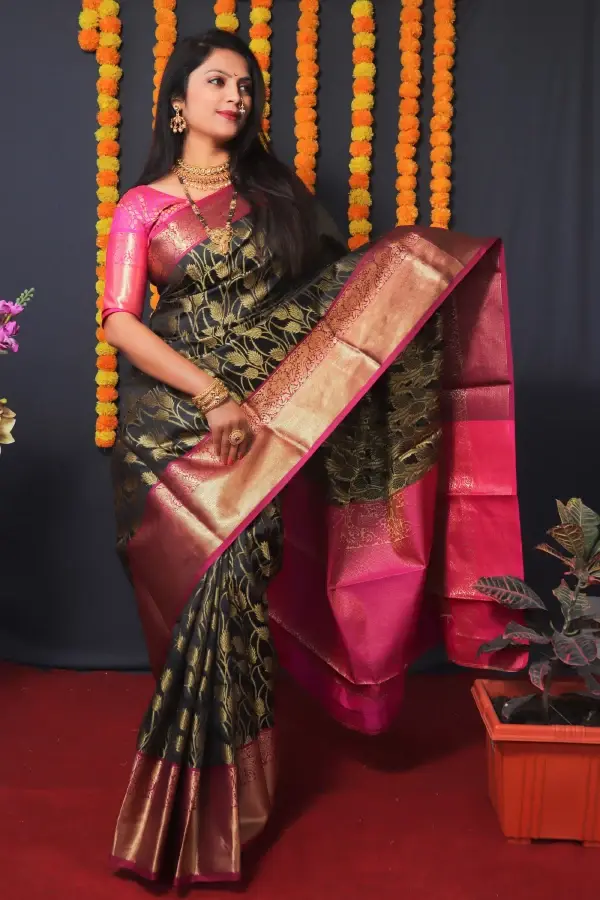 Thumbnail: Women's Charcoal Black Kanchipuram Silk Zari Woven Saree with Pink Blouse