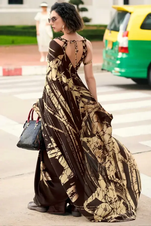 Thumbnail: Dark Brown Printed Satin Crepe Saree