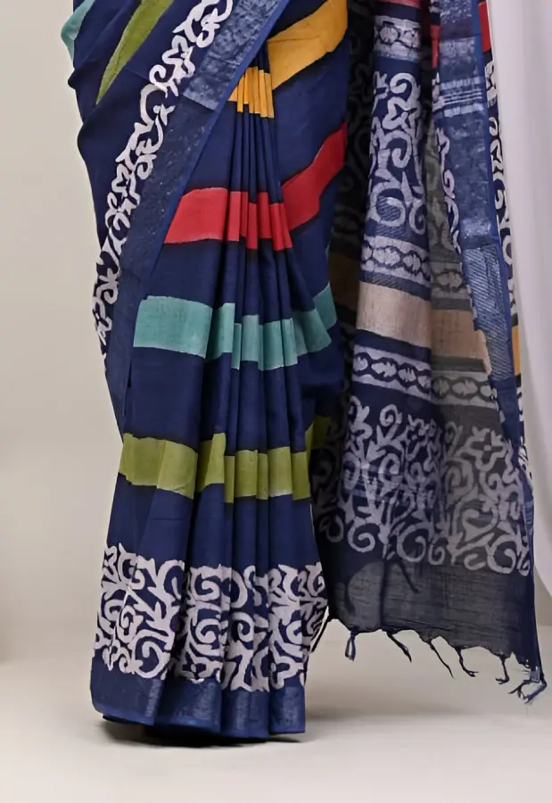 Thumbnail: Blue And Multicolor Pure Handloom Soft Cotton Saree