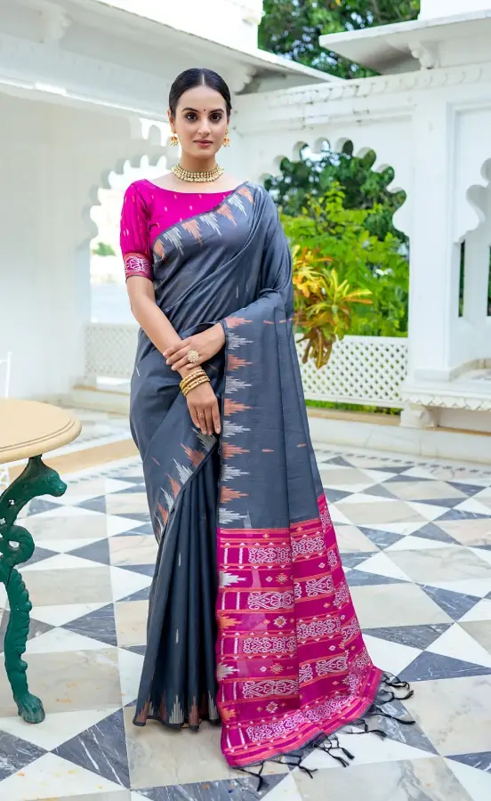 Women's Grey Woven Tussar Silk Saree
