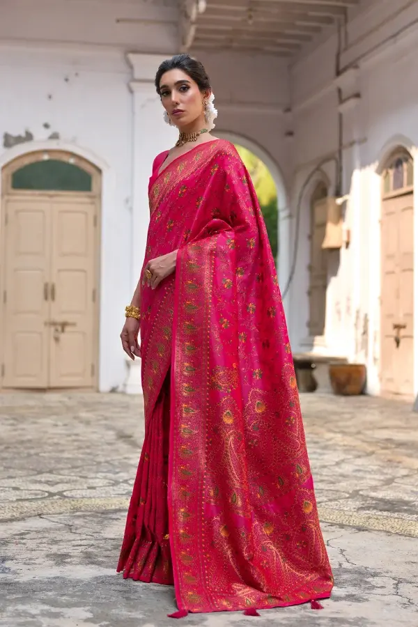 Thumbnail: Premium Pink Pashmina Silk Saree | Woven Banarasi Saree