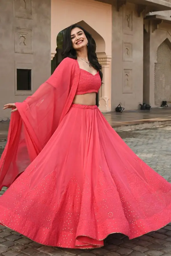 Thumbnail: Rani Pink Georgette Lehenga Choli With Dupatta For Wedding
