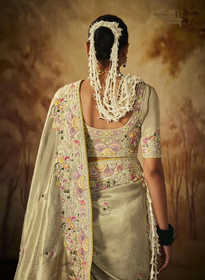 Thumbnail: Women's Tan Golden Kanjivaram Designer Handwork Saree
