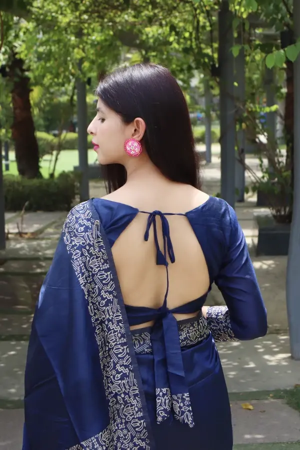 Thumbnail: Women's Blue Kalamkari Printed Raw Silk Saree