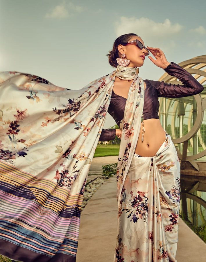 Thumbnail: Women's Off White Satin Silk Digital Printed Saree