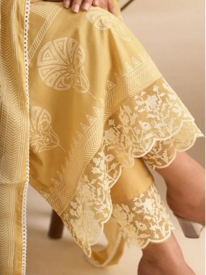 Thumbnail: Yellow Elegant Pure Cotton Embroidered Unstitched Suit
