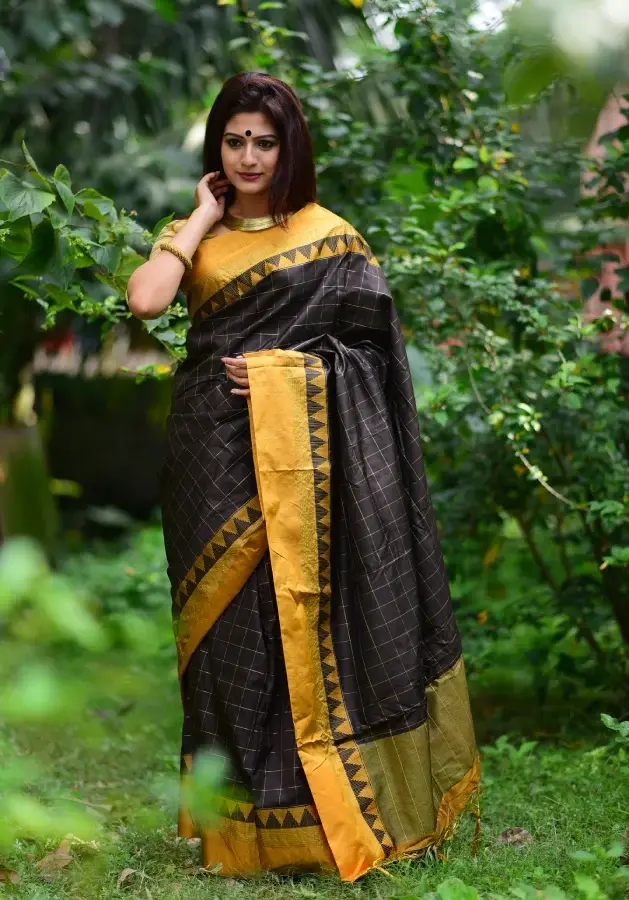 Coffee Color Golden Checks Design Soft Raw Silk Saree