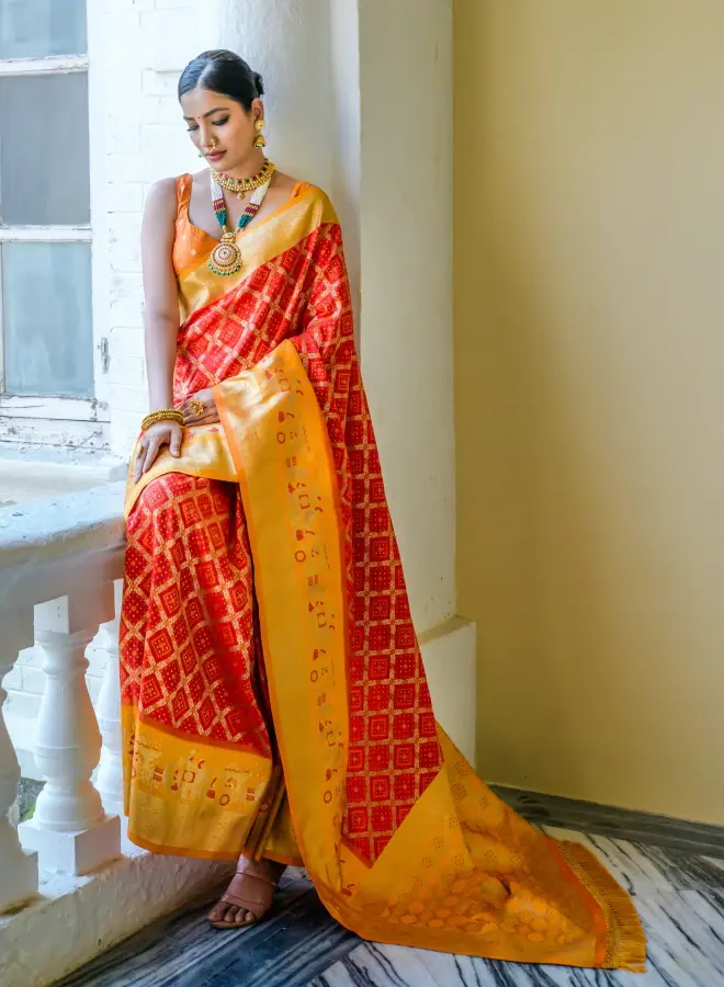 Red Bandhani Printed and Woven Saree